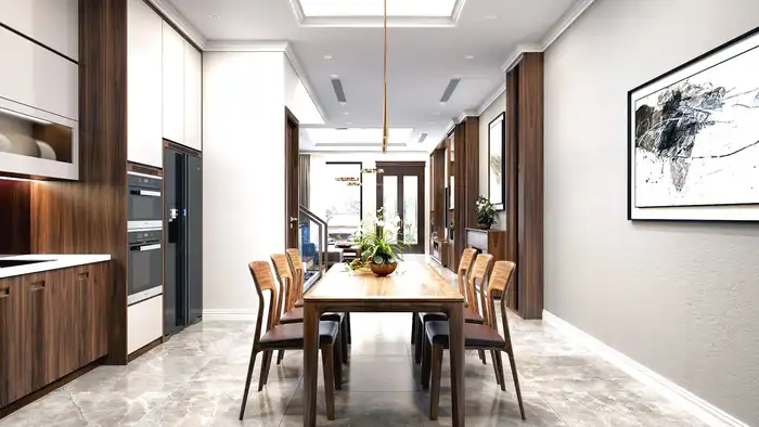 Không gian bếp và phòng ăn liền mạch tông gỗ ấm