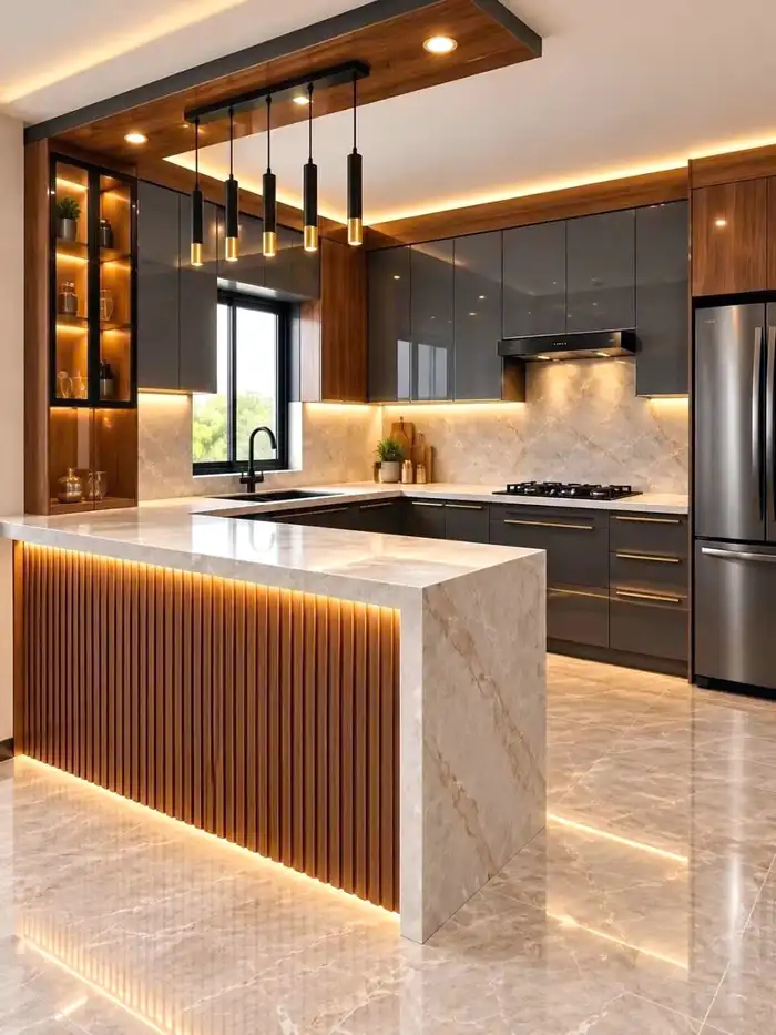 Phối cảnh thiết kế phòng bếp hiện đại với đảo bếp ốp gỗ và đá marble
