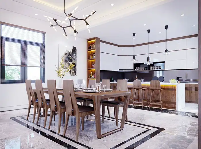 Phối cảnh thiết kế phòng ăn liền bếp hiện đại với đèn chùm nghệ thuật và tủ bếp gỗ