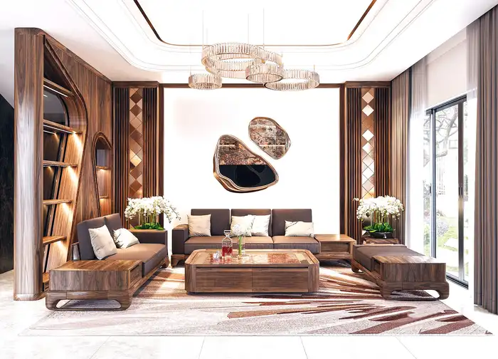Phòng khách hiện đại tông gỗ ấm với sofa và bàn trà