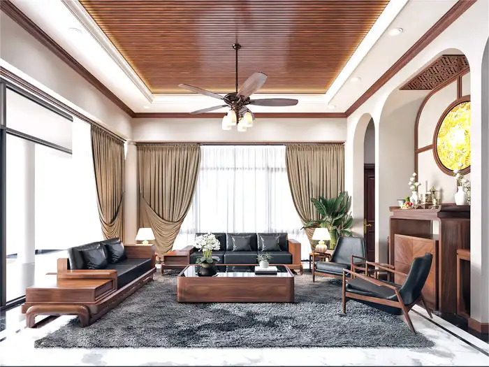 Phòng khách phong cách cổ điển với trần ốp gỗ