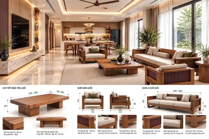 Bản vẽ thiết kế bộ bàn trà, ghế đơn và sofa 3 chỗ gỗ tự nhiên