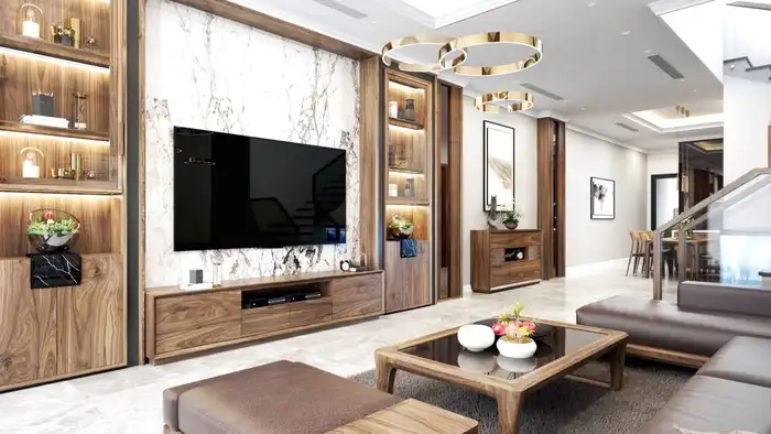 Phối cảnh thiết kế phòng khách hiện đại với tường TV ốp đá marble và cầu thang kính
