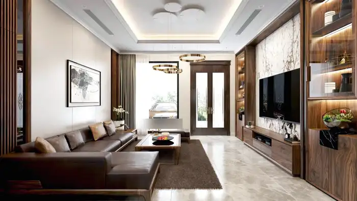Phối cảnh thiết kế phòng khách sang trọng với sofa da và cửa kính lớn