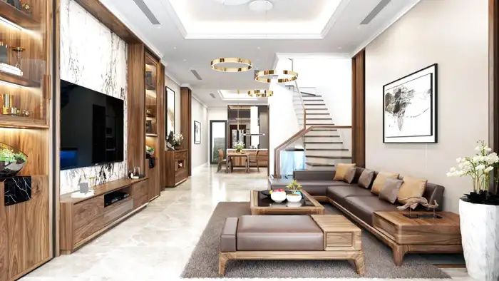 Phối cảnh thiết kế phòng khách hiện đại nhìn về phía cầu thang kính