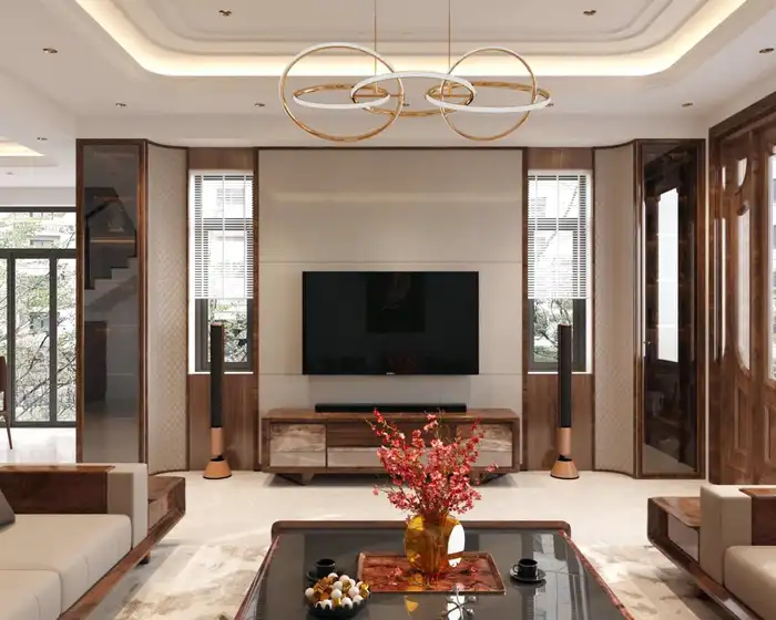 Phối cảnh thiết kế phòng khách bố cục đối xứng với tường TV ốp gỗ và đá