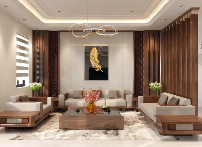 Phối cảnh thiết kế phòng khách bố cục đối xứng với sofa hình chữ U quanh bàn trà gỗ