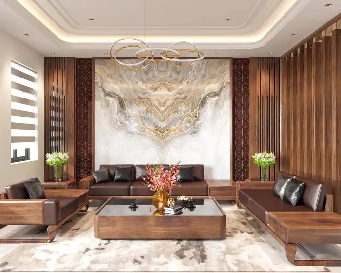 Phối cảnh thiết kế phòng khách sang trọng với tường đá marble ốp gỗ và sofa da nâu