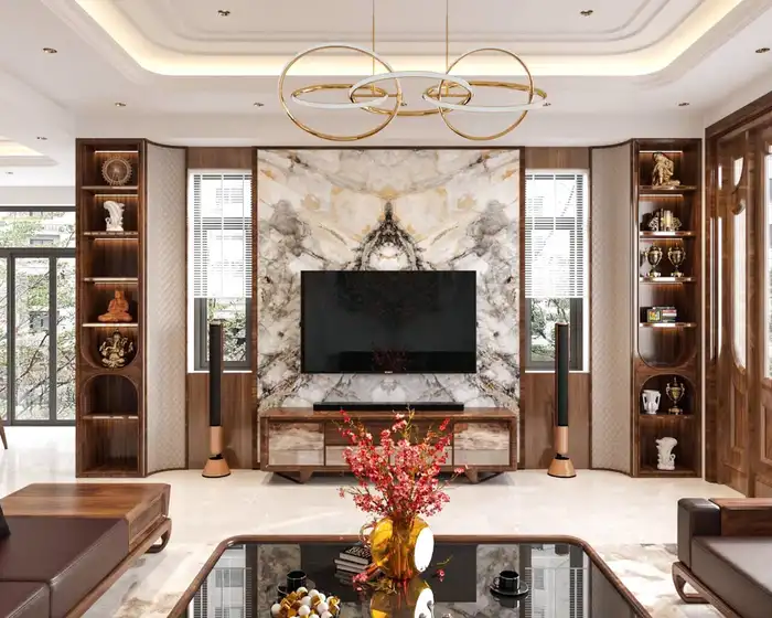 Phối cảnh thiết kế phòng khách hiện đại với tủ kệ gỗ hai bên tường TV đá marble