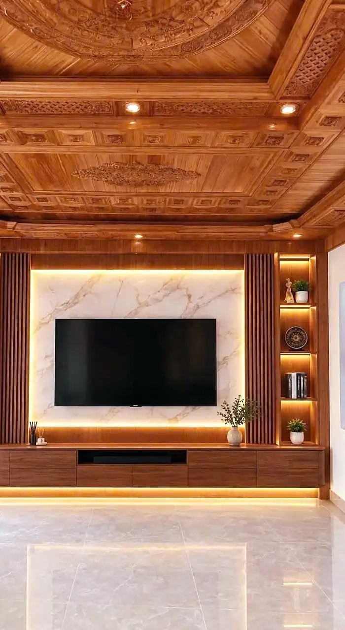 Phòng khách sang trọng với trần gỗ chạm khắc tinh xảo và tường TV ốp đá marble