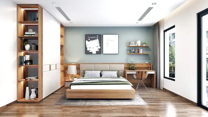 Phòng ngủ tối giản với tông gỗ sáng và tranh nghệ thuật