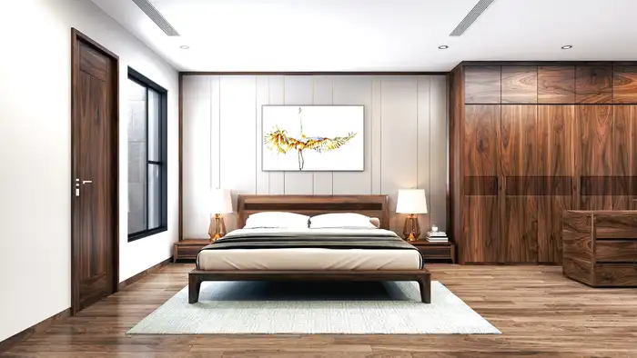 Phòng ngủ tông gỗ trầm với tranh chim hạc