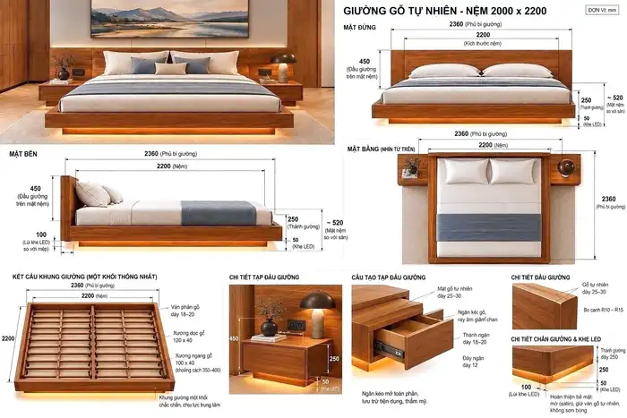 Bản vẽ chi tiết giường gỗ tự nhiên: mặt đứng, mặt bên, mặt bằng, kết cấu khung