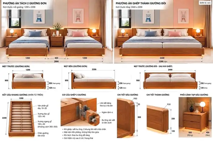 Bản vẽ bộ giường hai phương án: tách hai giường đơn hoặc ghép thành giường đôi