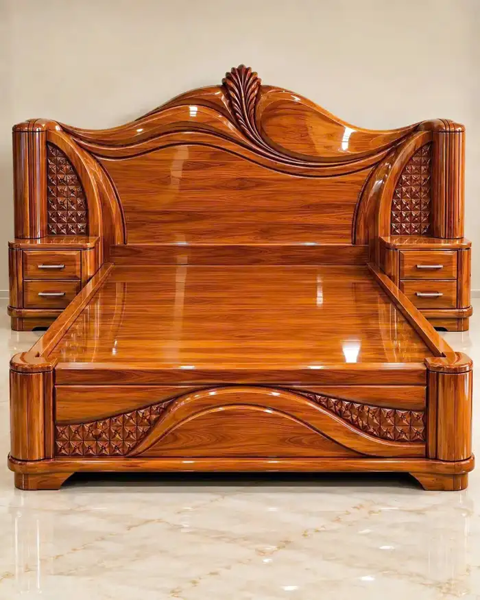 Phối cảnh thiết kế giường ngủ gỗ tự nhiên với đầu giường chạm hoa văn uốn lượn