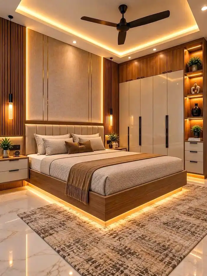 Phối cảnh thiết kế phòng ngủ hiện đại với giường bệt gỗ và đèn hắt LED ấm áp