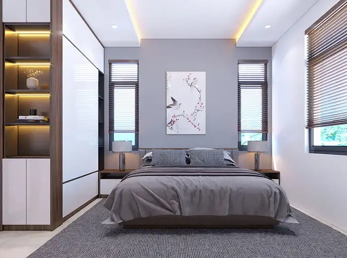 Phối cảnh thiết kế phòng ngủ hiện đại với tủ áo gương và tranh chim hoa mai