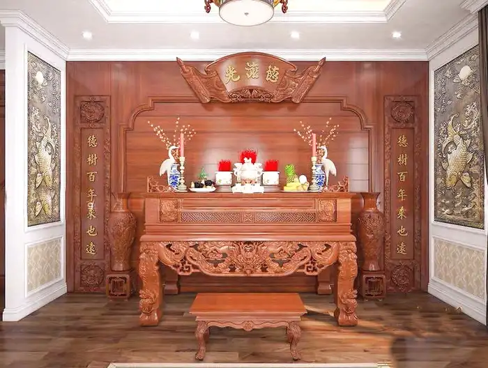 Không gian thờ truyền thống với hoành phi và câu đối chạm khắc