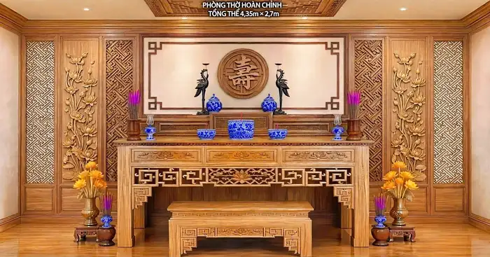 Phối cảnh thiết kế phòng thờ hoàn chỉnh kích thước 4,35m x 2,7m