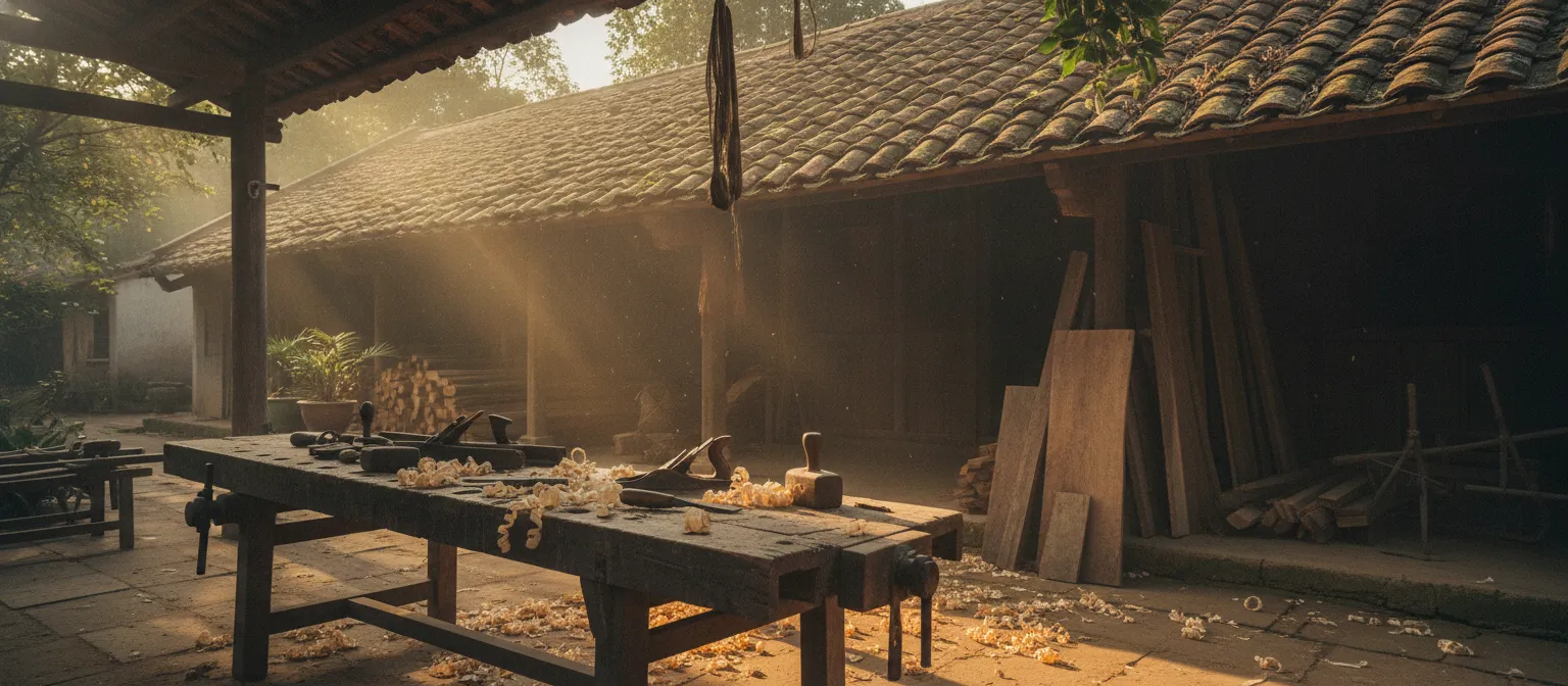 Sân nhà thợ mộc thuở xưa với bàn thợ, dụng cụ đục bào và gỗ xếp dưới mái hiên trong nắng chiều
